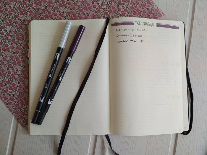 Bullet Journal tárgymutató minta