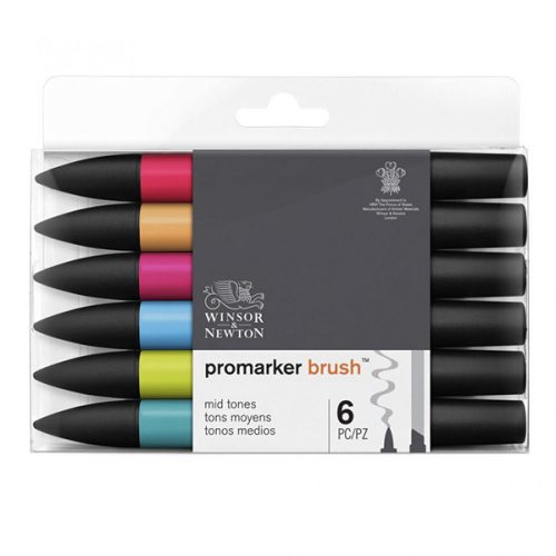 Winsor & Newton Promarker kétvégű alkoholos ecsetfilc, 6 db - Mid Tones