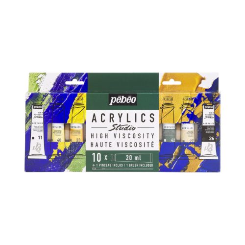 Pébéo Studio akrilfesték, 20 ml - 10 darabos készlet, ecsettel