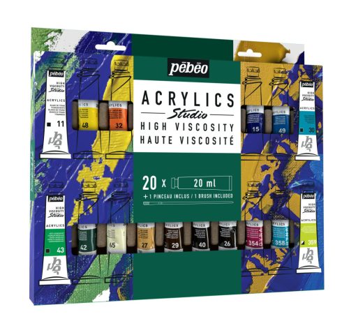 Pébéo Studio akrilfesték, 20 ml - 20 darabos készlet, ecsettel
