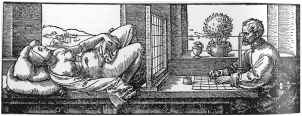 Albrecht Dürer alkalmazza a rács technikát rajzoláshoz